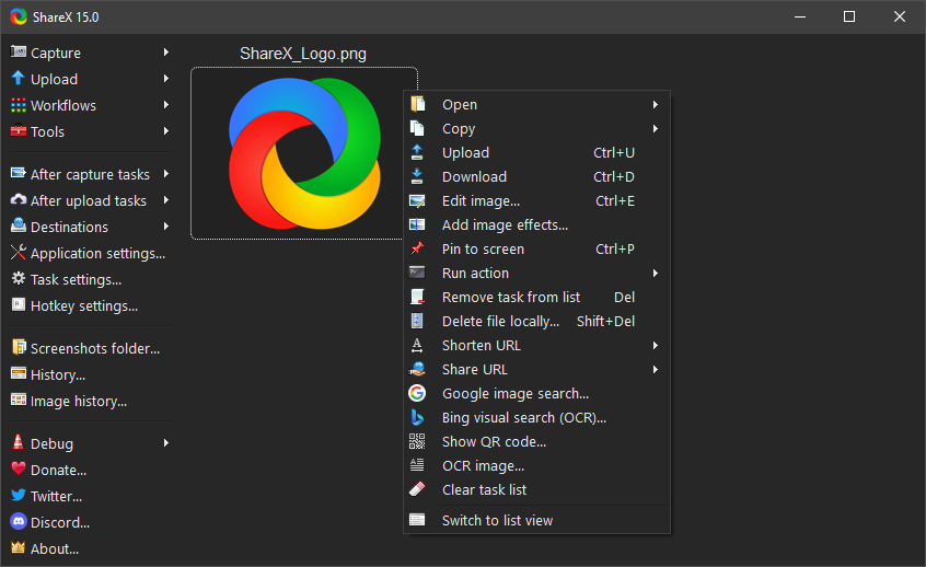ShareX screen capture tool interface